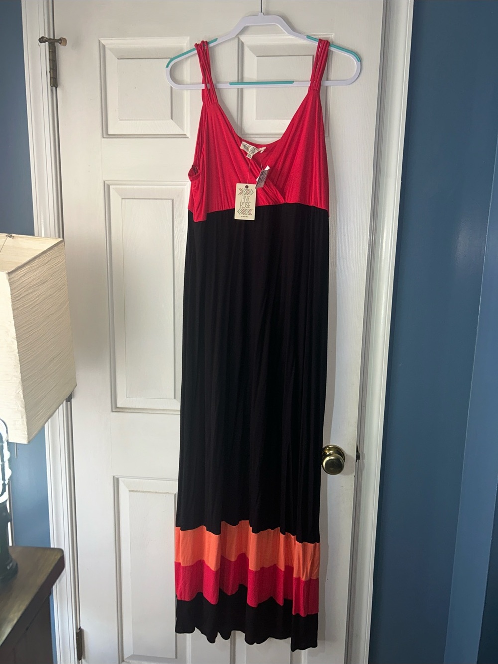 Pink Rose Women's Sleeveless Maxi Dress in Black and Coral Pink. Size 2x